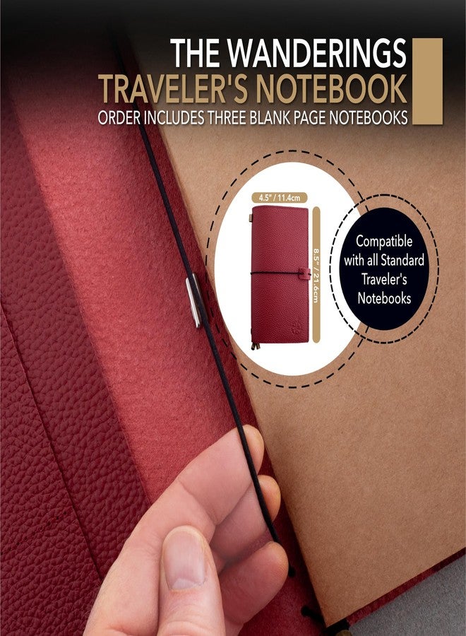 واندرينجز دفتر ملاحظات WANDERINGS للمسافرين بالحجم العادي مع جيوب - 4.5 بوصة × 8.5 بوصة / 11.5 سم × 22 سم - دفتر ملاحظات قابل لإعادة التعبئة - مصنوع يدويًا بشكل جميل، مصنوع من الجلد الأحمر، ويتضمن 100 ملحق فارغ بوزن جرام لكل متر مربع - Image 4