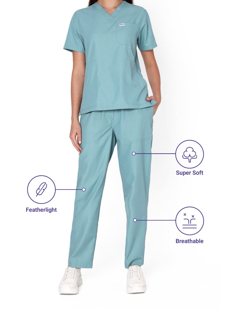KNYA زيّ طبي نسائي كلاسيكي من KNYA بخمسة جيوب | ياقة على شكل حرف V | تصميم مرن ومريح للجزء العلوي والسفلي | جيوب يسهل الوصول إليها | زيّ موحد للأطباء | (لون الأوكالبتوس، مقاس 2XL) - Image 5