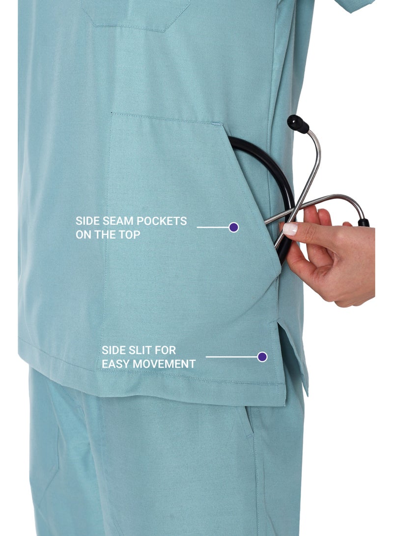 KNYA زيّ طبي نسائي كلاسيكي من KNYA بخمسة جيوب | ياقة على شكل حرف V | تصميم مرن ومريح للجزء العلوي والسفلي | جيوب يسهل الوصول إليها | زيّ موحد للأطباء | (لون الأوكالبتوس، مقاس 2XL) - Image 3