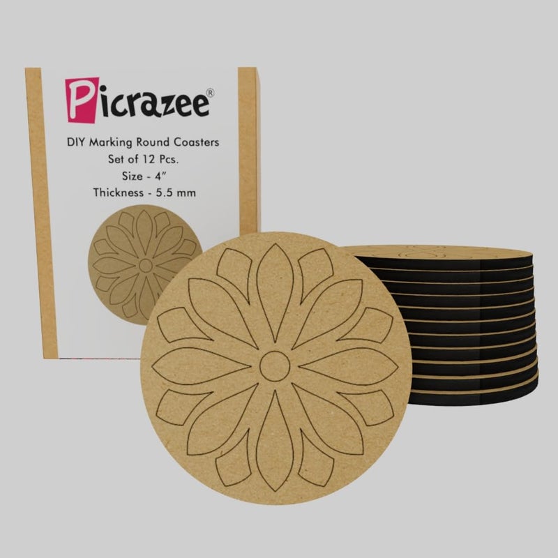 PICRAZEE أطباق دائرية مسبقة العلامة من MDF الصنوبر الهندسي 12 بحجم 4x4 بوصة وسمك 5.5 مم - مثالية للفنون والحرف اليدوية، فن الراتنج، الديكوباج، ومشاريع DIY - Image 1