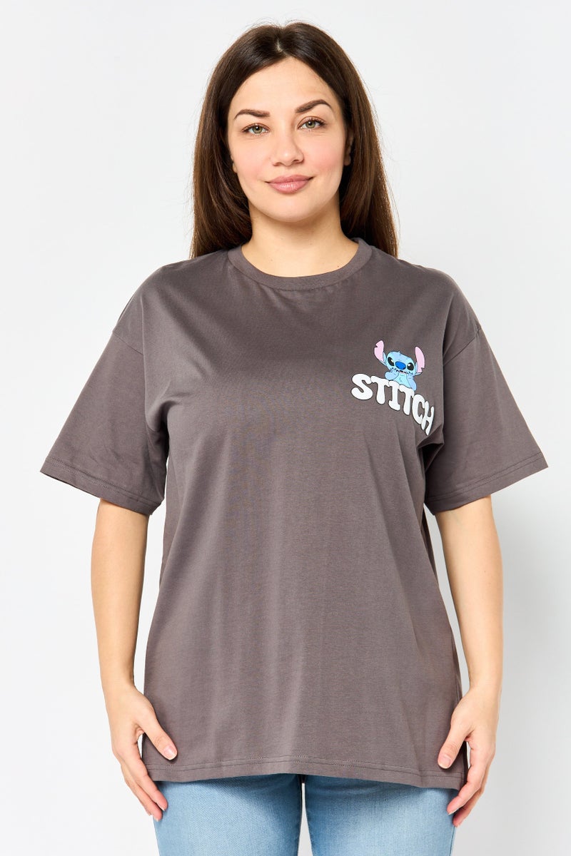 Disney Stitch Women Crew Neck Short Sleeve Graphic Print T-Shirt, Dark Grey - Image 1