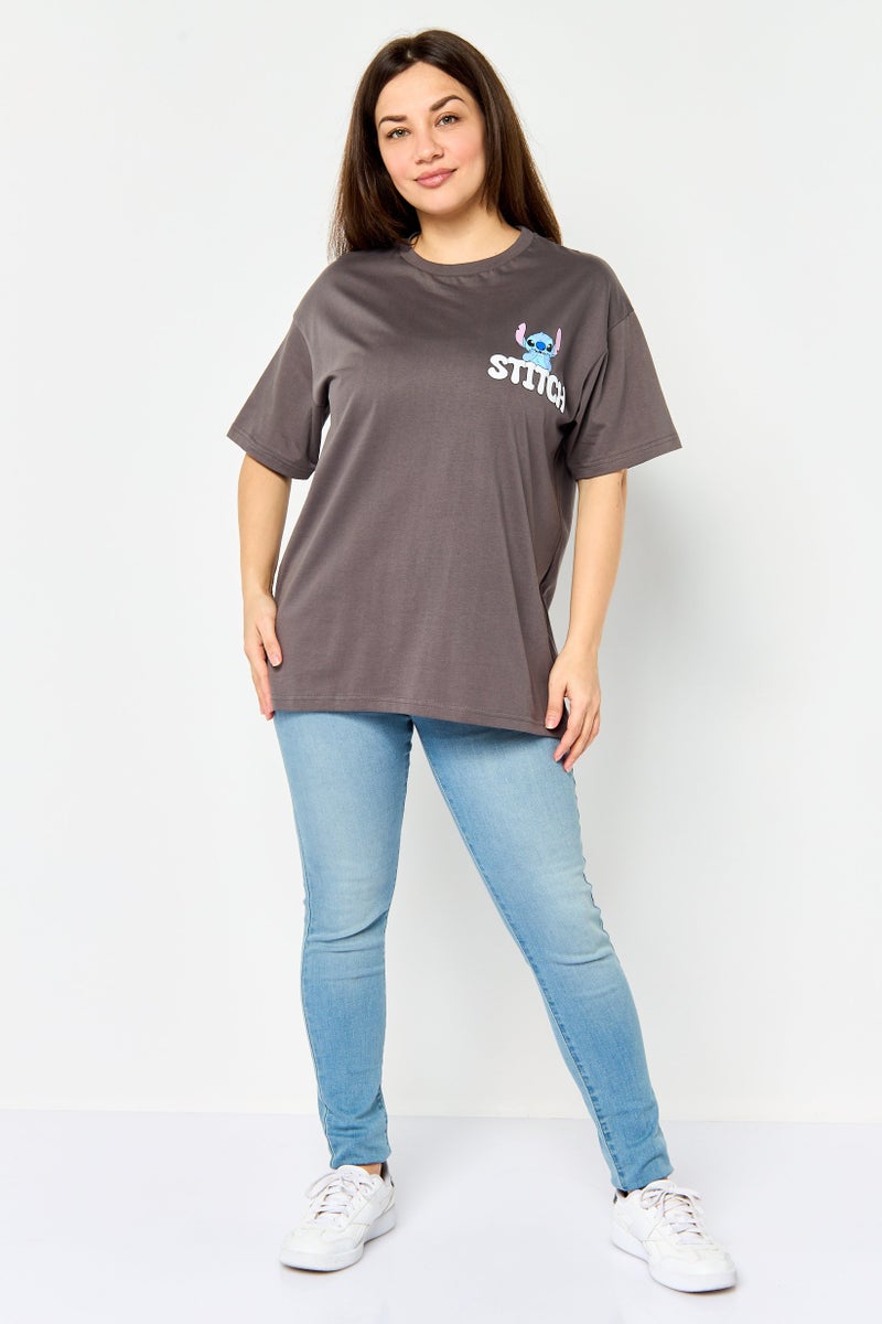 Disney Stitch Women Crew Neck Short Sleeve Graphic Print T-Shirt, Dark Grey - Image 3