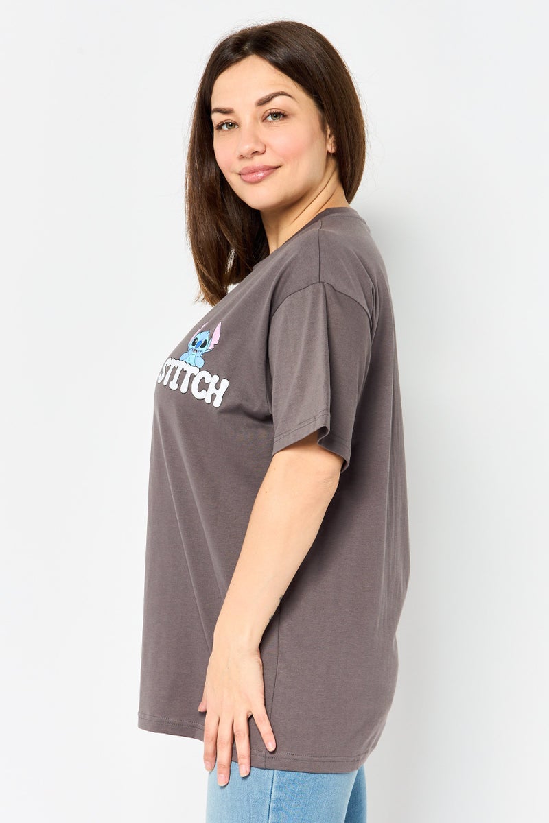Disney Stitch Women Crew Neck Short Sleeve Graphic Print T-Shirt, Dark Grey - Image 2