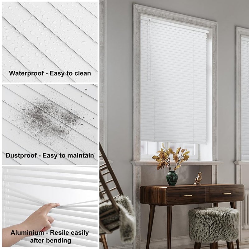 SEEYE Cordless Mini Blinds Aluminum Venetian Blind Horizontal Window Shades, 1" Slat Size - Rooming Darkening Blinds Anti-UV & Waterproof for Bedroom, Office, Easy to Install, 34" W x 64" H, White - Image 5