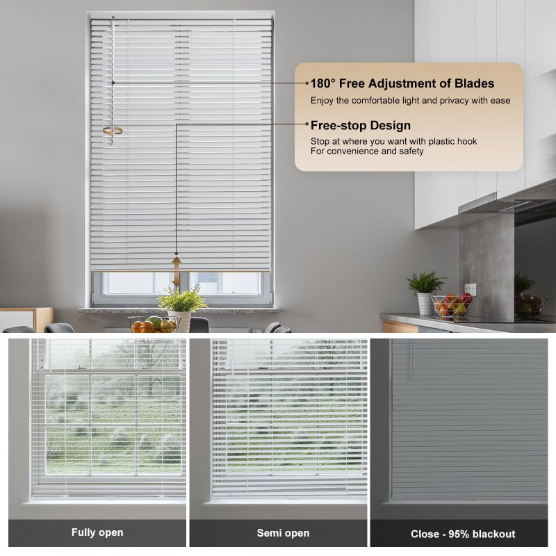 SEEYE Cordless Mini Blinds Aluminum Venetian Blind Horizontal Window Shades, 1" Slat Size - Rooming Darkening Blinds Anti-UV & Waterproof for Bedroom, Office, Easy to Install, 34" W x 64" H, White - Image 3