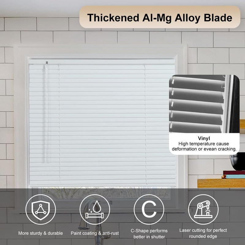 SEEYE Cordless Mini Blinds Aluminum Venetian Blind Horizontal Window Shades, 1" Slat Size - Rooming Darkening Blinds Anti-UV & Waterproof for Bedroom, Office, Easy to Install, 34" W x 64" H, White - Image 4