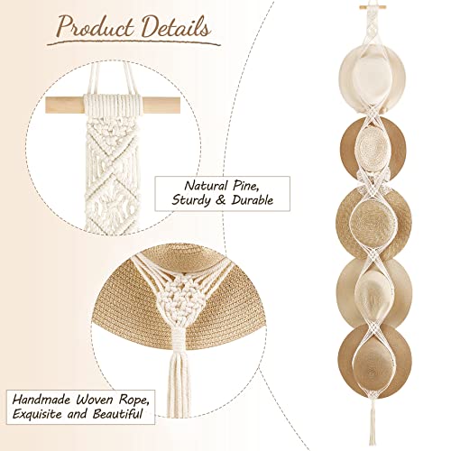 Dahey Macrame Hat Hangers Hat Rack for Wall Cowboy Hat Organizer Hanging Display Hand Weaving Bobo Hat Holder Westen Decor for Wide Brim Hats Bowler Fedora Hats, 5 Hats Style - Image 4