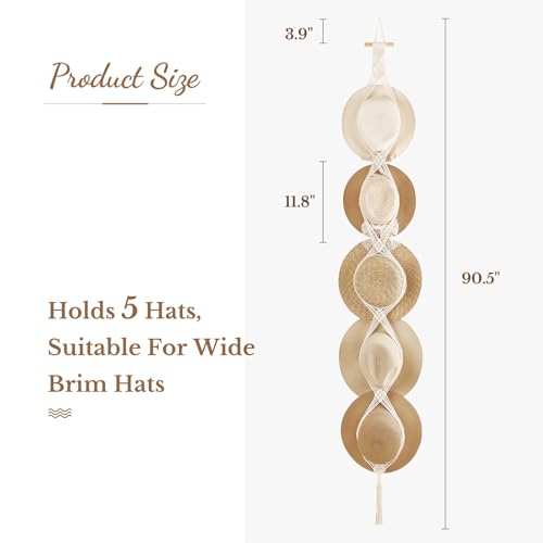 Dahey Macrame Hat Hangers Hat Rack for Wall Cowboy Hat Organizer Hanging Display Hand Weaving Bobo Hat Holder Westen Decor for Wide Brim Hats Bowler Fedora Hats, 5 Hats Style - Image 5