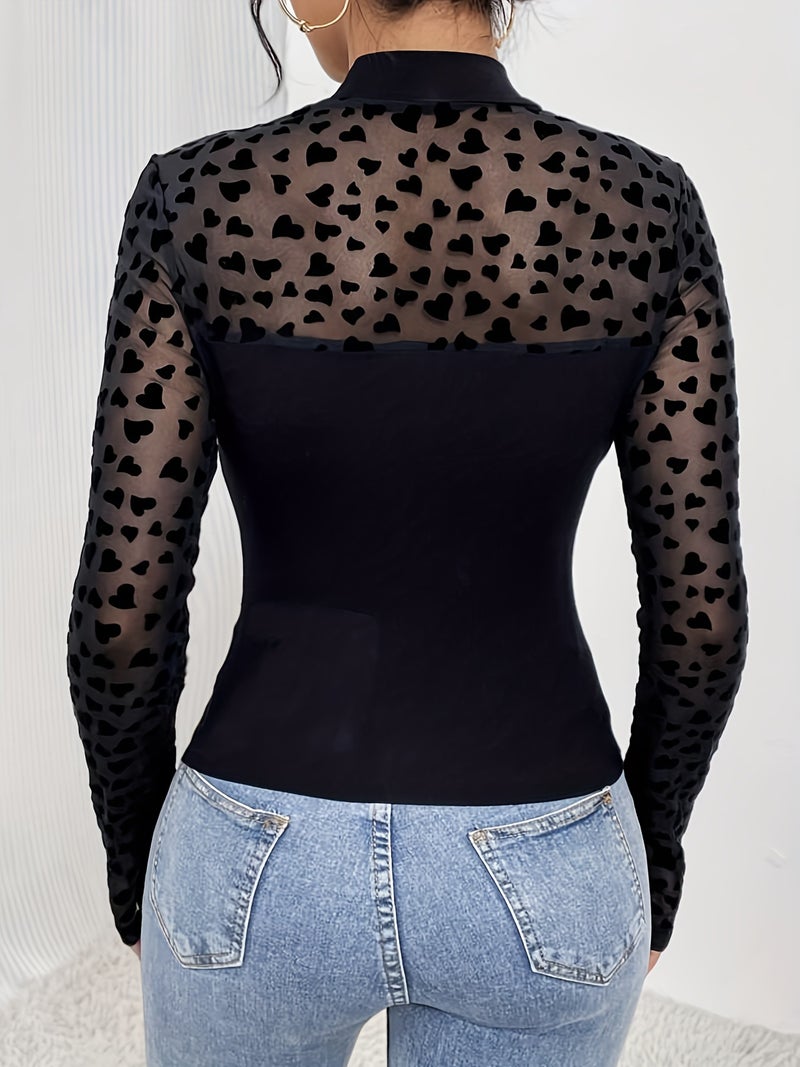 Sheer Mesh Panel Long Sleeve Slim Fit T-Shirt Top - Image 5