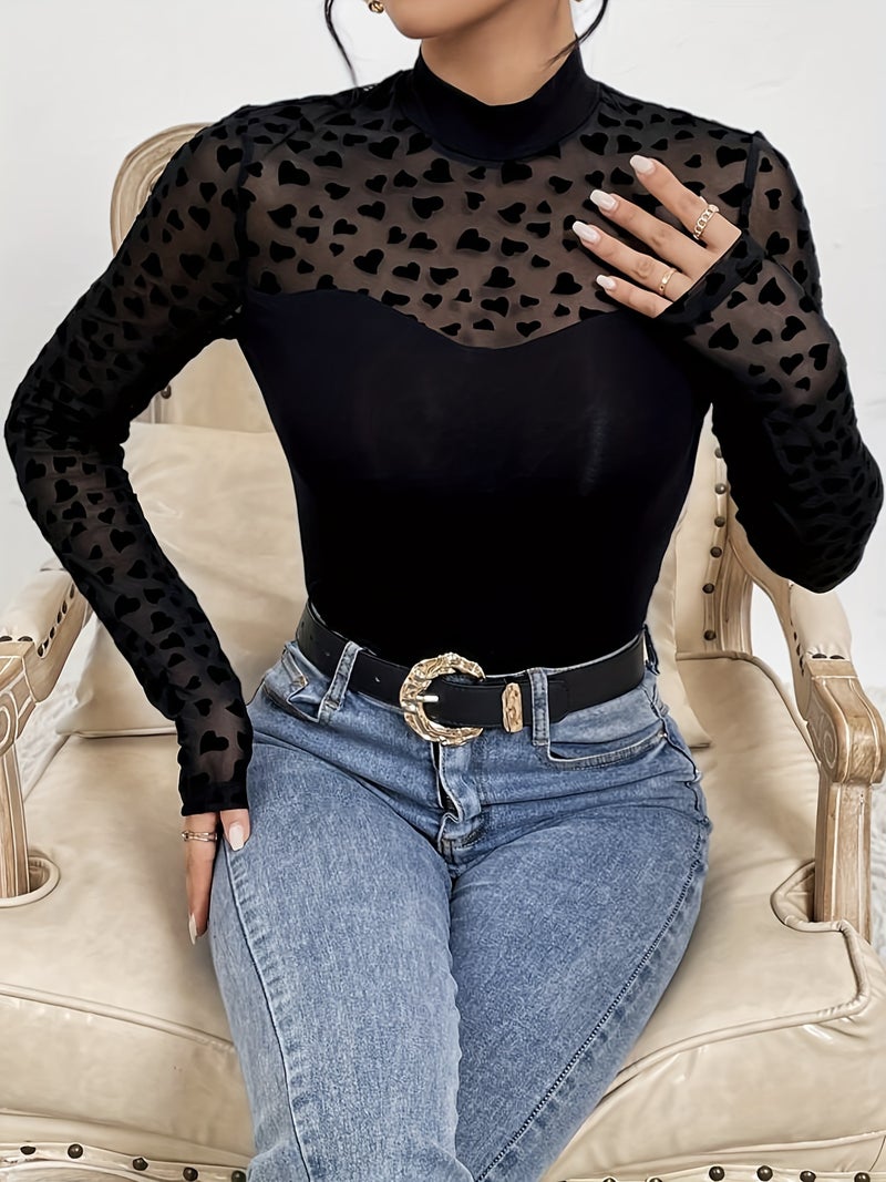 Sheer Mesh Panel Long Sleeve Slim Fit T-Shirt Top - Image 2