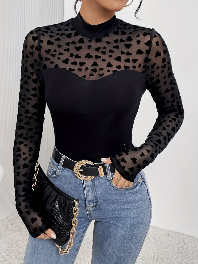 Sheer Mesh Panel Long Sleeve Slim Fit T-Shirt Top - Image 4
