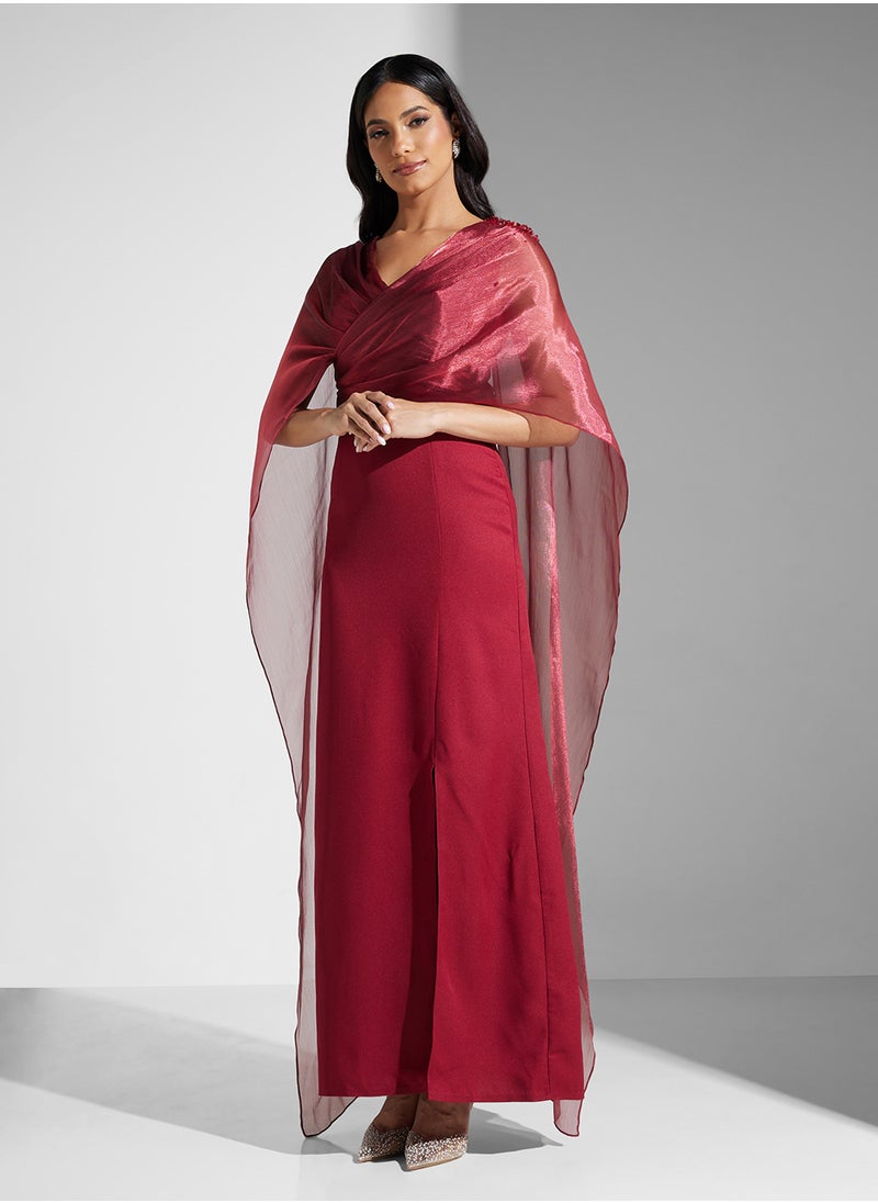 Namshi x V Neck Draped Dress With Cape  - Image 5