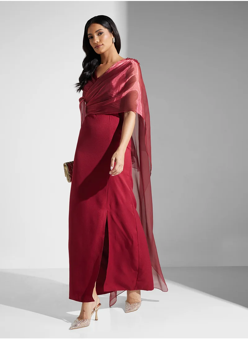 Namshi x V Neck Draped Dress With Cape