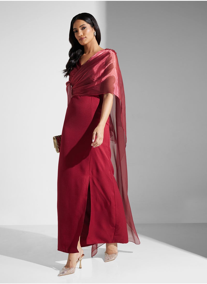 Namshi x V Neck Draped Dress With Cape  - Image 1