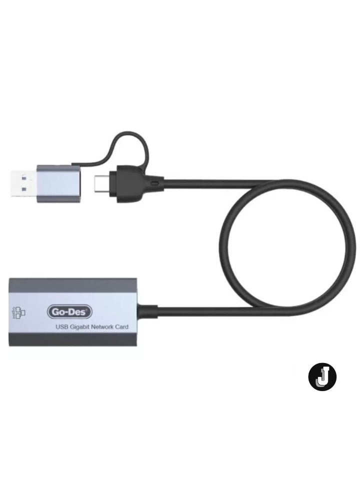 JAJEEK - 2-in-1 Type-C and USB-A Gigabit Ethernet Converter Cable – 1000Mbps, 50cm with RJ45 Port, Aluminum Alloy Protection, Plug & Play for Windows, Linux, MacOS, and More - Image 1