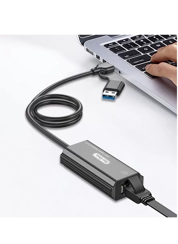 JAJEEK - 2-in-1 Type-C and USB-A Gigabit Ethernet Converter Cable – 1000Mbps, 50cm with RJ45 Port, Aluminum Alloy Protection, Plug & Play for Windows, Linux, MacOS, and More - Image 1