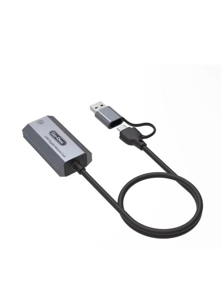 JAJEEK - 2-in-1 Type-C and USB-A Gigabit Ethernet Converter Cable – 1000Mbps, 50cm with RJ45 Port, Aluminum Alloy Protection, Plug & Play for Windows, Linux, MacOS, and More - Image 1