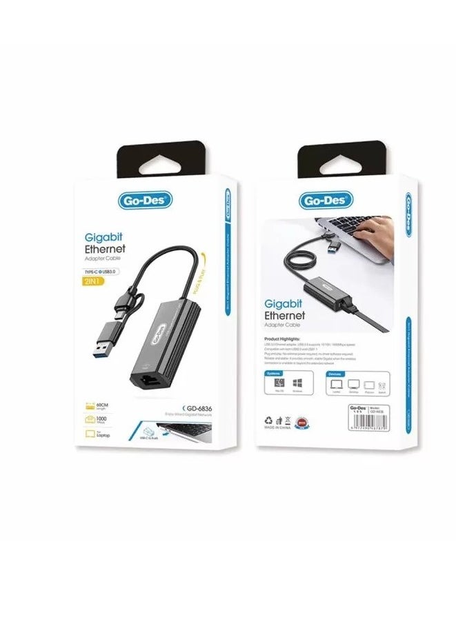 JAJEEK - 2-in-1 Type-C and USB-A Gigabit Ethernet Converter Cable – 1000Mbps, 50cm with RJ45 Port, Aluminum Alloy Protection, Plug & Play for Windows, Linux, MacOS, and More - Image 1