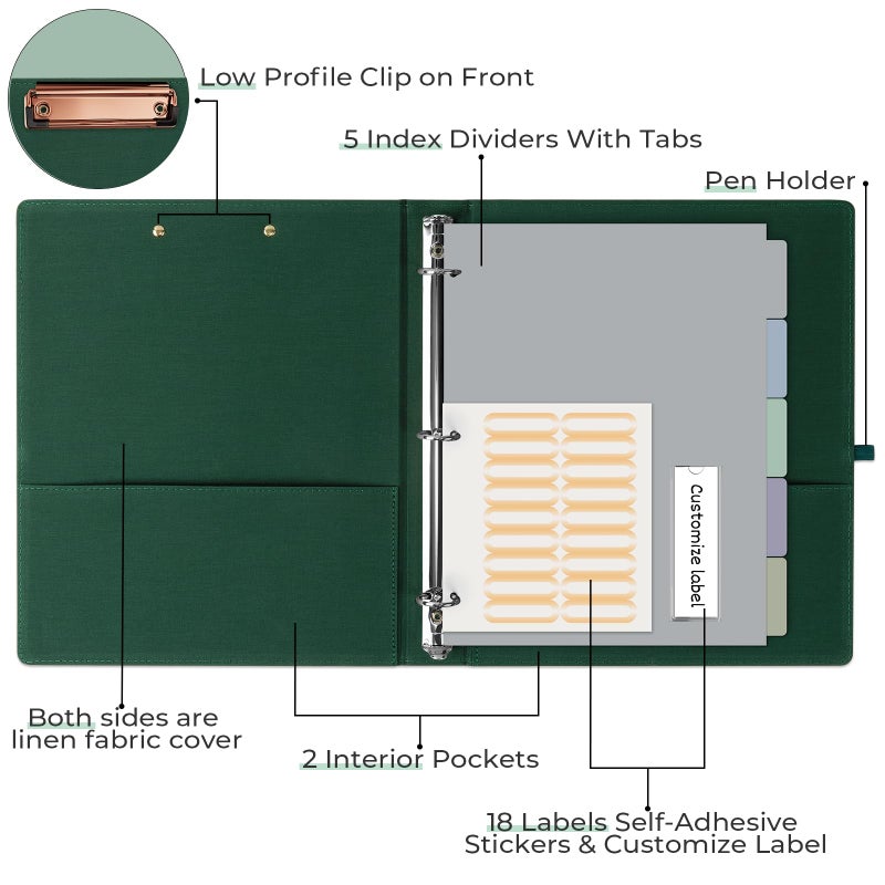 EYROZILL 3 Ring Binder, 1 Inch Linen Binder Organizer for Letter Size (8.5" x 11") with 5 Tab Dividers, File Folder Labels and Low Profile Clipboards, School and Office Supplies-Blackish Green - Image 2