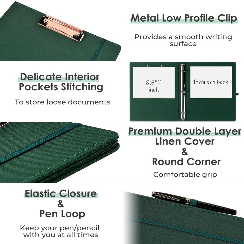 EYROZILL 3 Ring Binder, 1 Inch Linen Binder Organizer for Letter Size (8.5" x 11") with 5 Tab Dividers, File Folder Labels and Low Profile Clipboards, School and Office Supplies-Blackish Green - Image 4