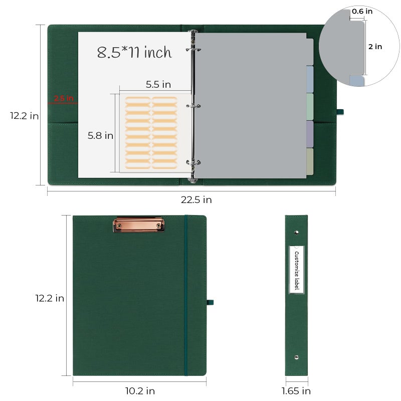 EYROZILL 3 Ring Binder, 1 Inch Linen Binder Organizer for Letter Size (8.5" x 11") with 5 Tab Dividers, File Folder Labels and Low Profile Clipboards, School and Office Supplies-Blackish Green - Image 5