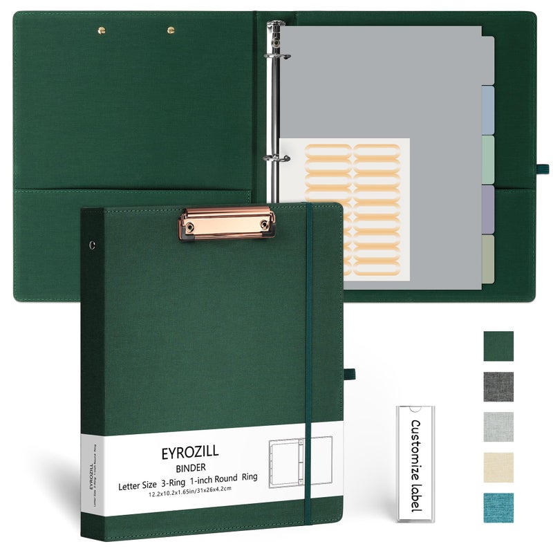 EYROZILL 3 Ring Binder, 1 Inch Linen Binder Organizer for Letter Size (8.5" x 11") with 5 Tab Dividers, File Folder Labels and Low Profile Clipboards, School and Office Supplies-Blackish Green - Image 1