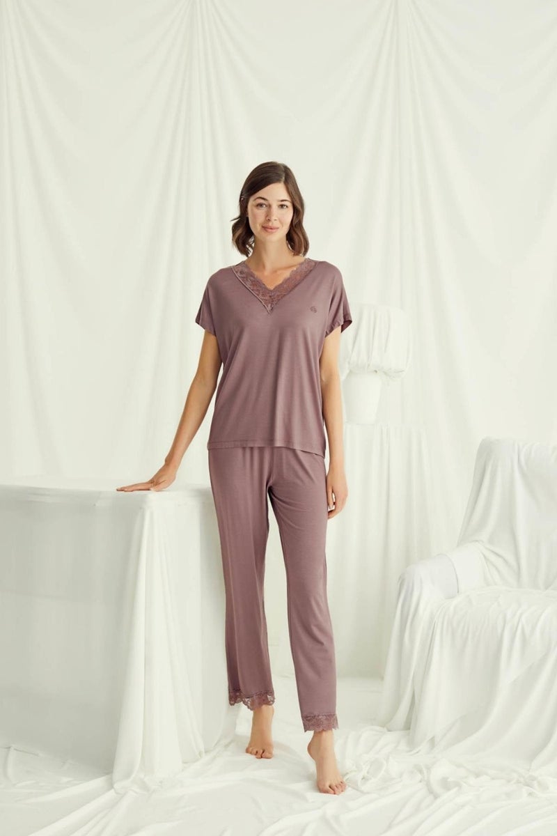 Monamise Women's V Neck Short Sleeve Pajama Set-Coffee