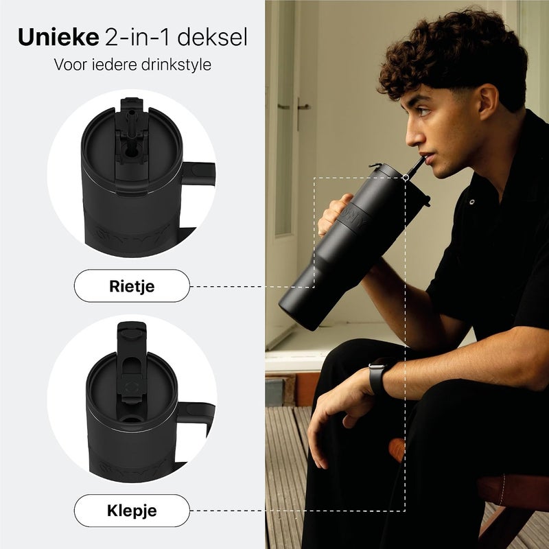 Onyx Drinking Bottle with Straw 1.2 Liter - Water Bottle for Children & Adults - Thermos Cup Stainless Steel Travel Mug - Motivational Drinking Canister - Drinking Cup for School - Black - Image 3
