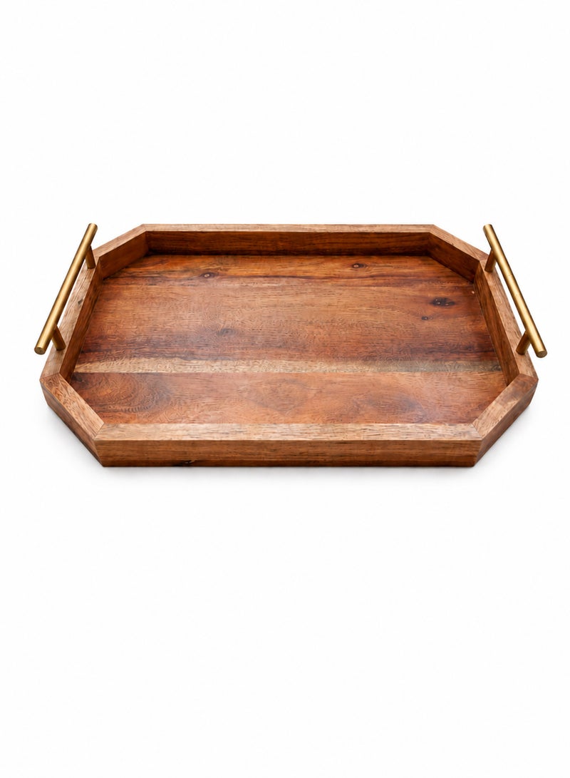 Aanya Homecraft Premium Rectangular Wood Serving Tray with Gold Metal Handles, Size: 42x25cm – Handcrafted Luxury Dining & Coffee Table Tray for Snacks, Drinks & Elegant Hosting, Natural & Gold - Image 1