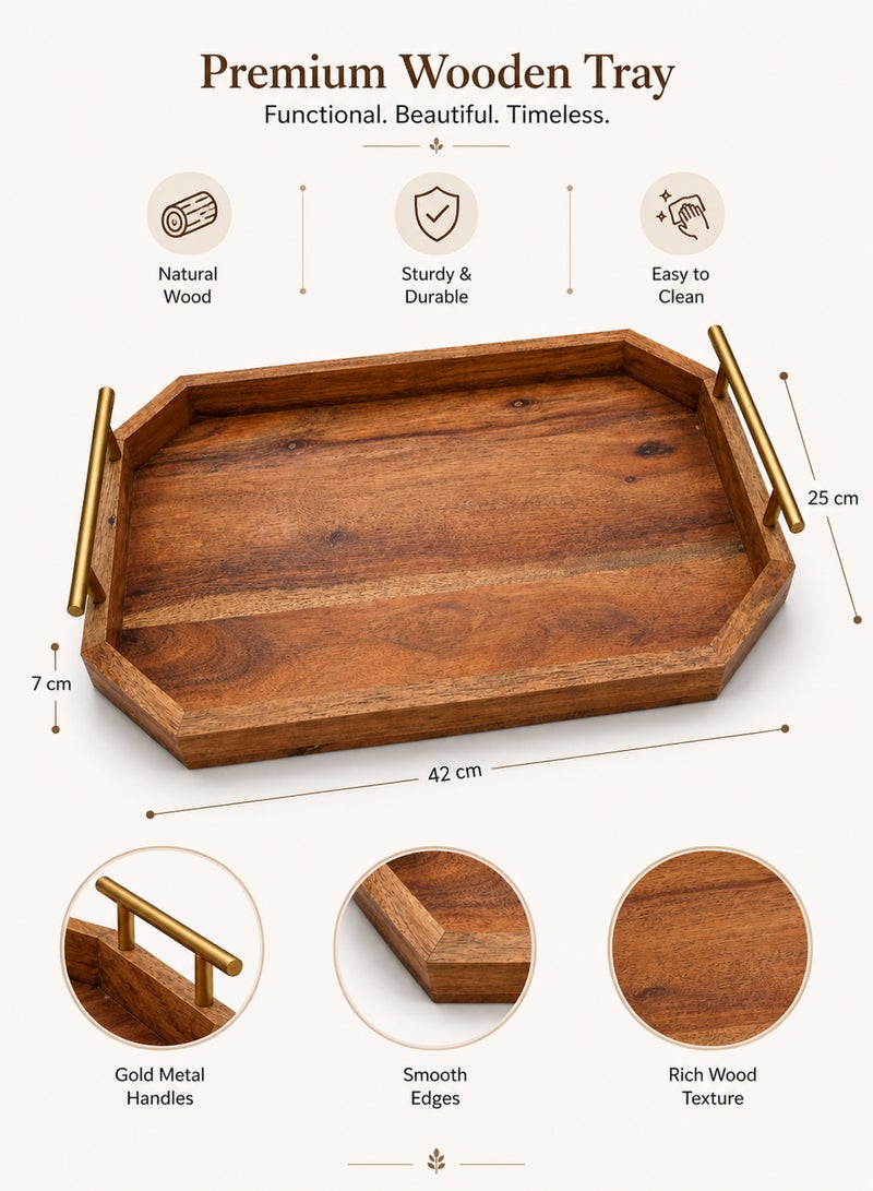Aanya Homecraft Premium Rectangular Wood Serving Tray with Gold Metal Handles, Size: 42x25cm – Handcrafted Luxury Dining & Coffee Table Tray for Snacks, Drinks & Elegant Hosting, Natural & Gold - Image 4