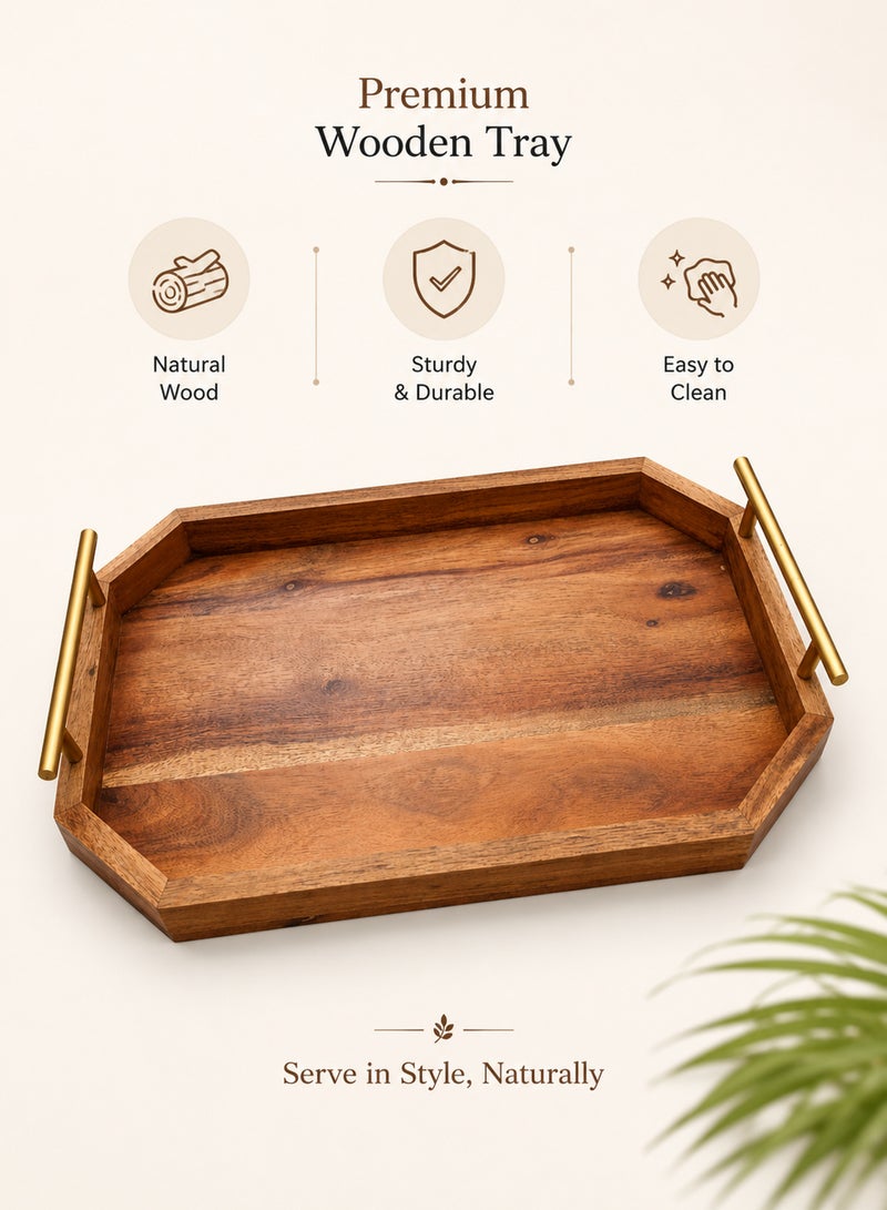 Aanya Homecraft Premium Rectangular Wood Serving Tray with Gold Metal Handles, Size: 42x25cm – Handcrafted Luxury Dining & Coffee Table Tray for Snacks, Drinks & Elegant Hosting, Natural & Gold - Image 2