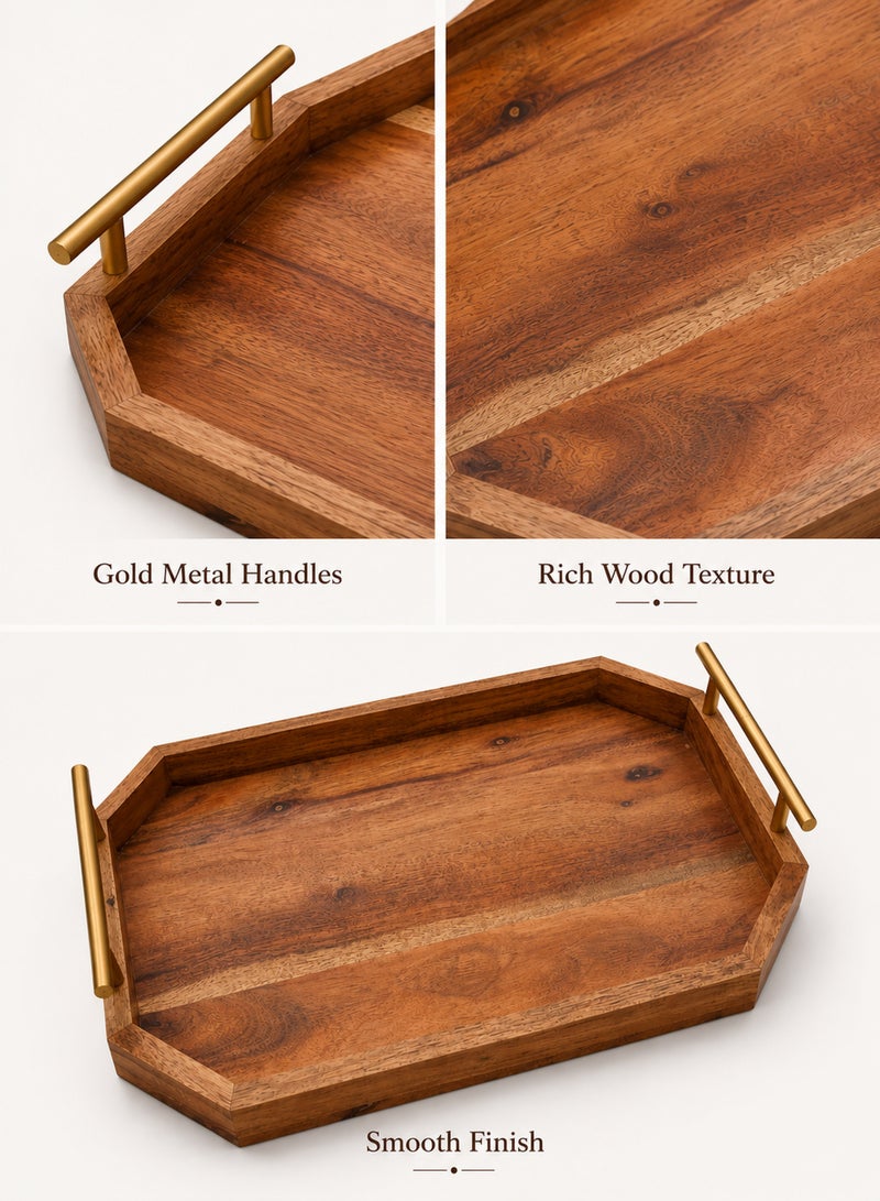 Aanya Homecraft Premium Rectangular Wood Serving Tray with Gold Metal Handles, Size: 42x25cm – Handcrafted Luxury Dining & Coffee Table Tray for Snacks, Drinks & Elegant Hosting, Natural & Gold - Image 5