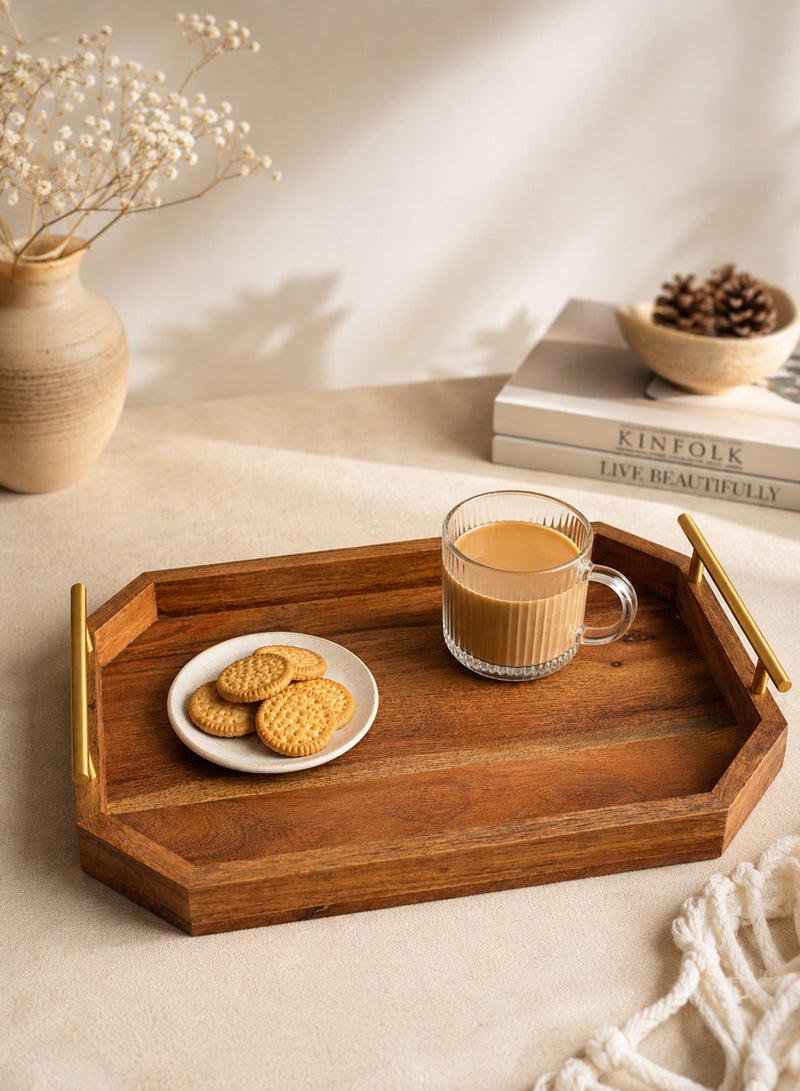 Aanya Homecraft Premium Rectangular Wood Serving Tray with Gold Metal Handles, Size: 42x25cm – Handcrafted Luxury Dining & Coffee Table Tray for Snacks, Drinks & Elegant Hosting, Natural & Gold - Image 3