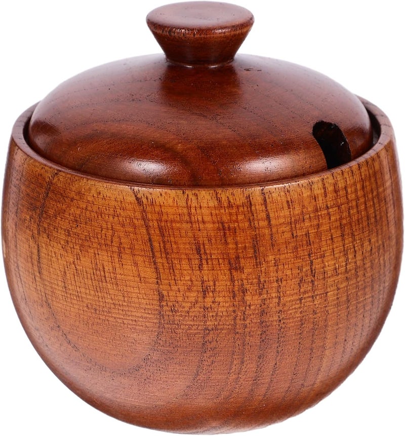 Hemoton Acacia Wood Seasoning Bowl with Lid MultiPurpose Kids Rice Bowl Elegant Wooden Food Container for Storage 314x314x354 Inch Brown - Image 1
