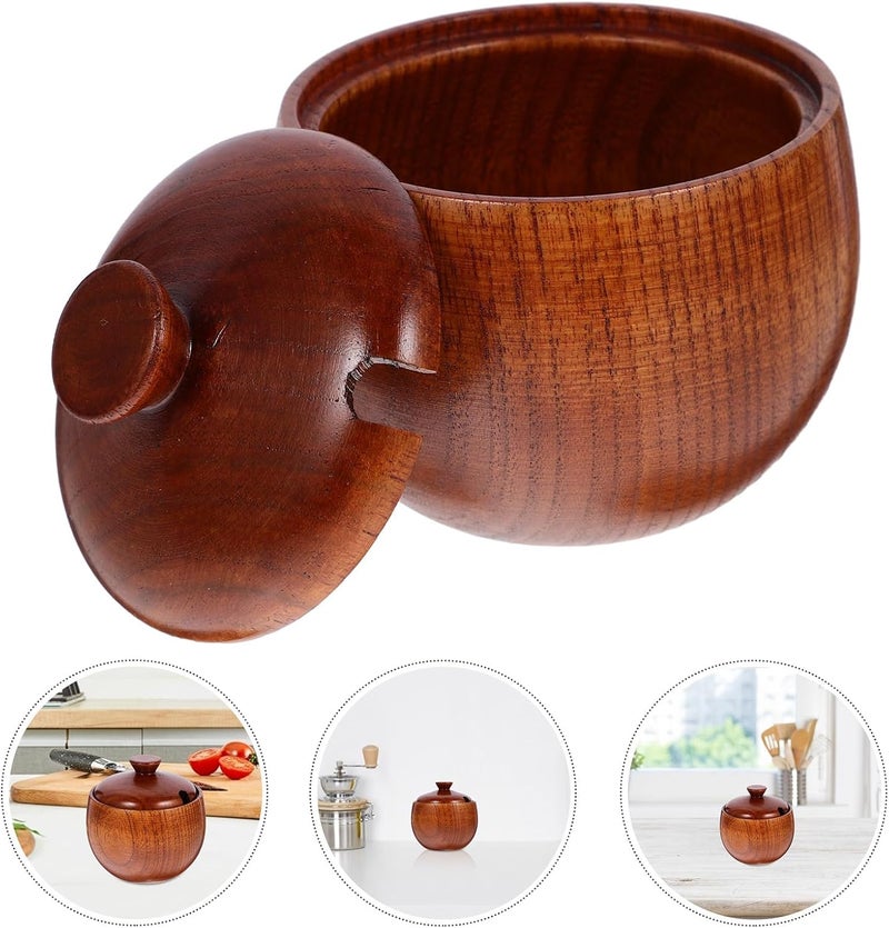 Hemoton Acacia Wood Seasoning Bowl with Lid MultiPurpose Kids Rice Bowl Elegant Wooden Food Container for Storage 314x314x354 Inch Brown - Image 3