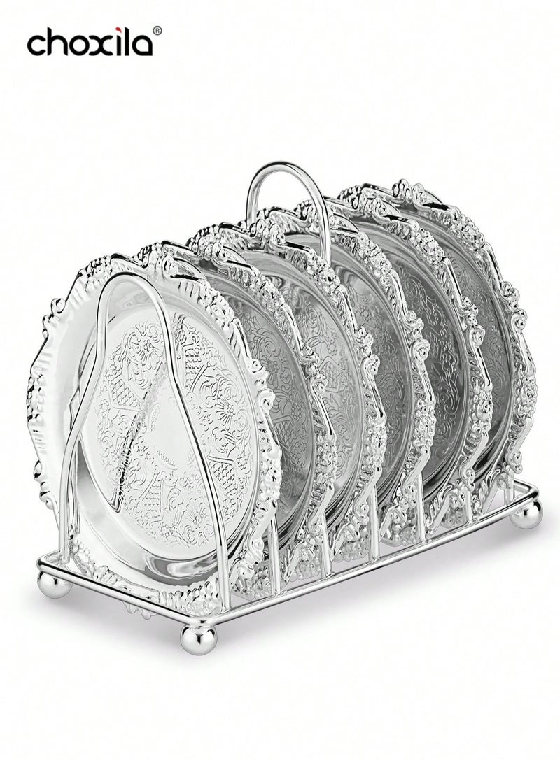 choxila 6pcs/set Metal Trays with Rack,Round Coasters with Stand,Decorative Plates with Holder,Cake Fruit Dessert Nut Mini Tray,Desktop Metal Cup Mats, for Bar,Home, Kitchen,Coffee Table Decoration - Image 1