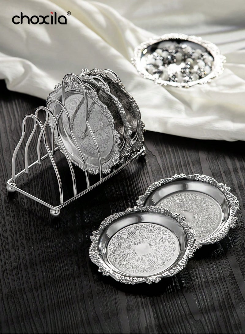 choxila 6pcs/set Metal Trays with Rack,Round Coasters with Stand,Decorative Plates with Holder,Cake Fruit Dessert Nut Mini Tray,Desktop Metal Cup Mats, for Bar,Home, Kitchen,Coffee Table Decoration - Image 2