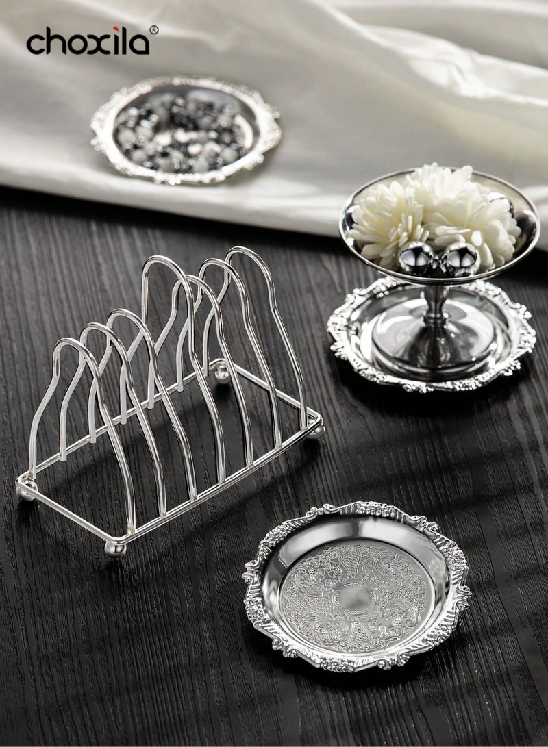 choxila 6pcs/set Metal Trays with Rack,Round Coasters with Stand,Decorative Plates with Holder,Cake Fruit Dessert Nut Mini Tray,Desktop Metal Cup Mats, for Bar,Home, Kitchen,Coffee Table Decoration - Image 3