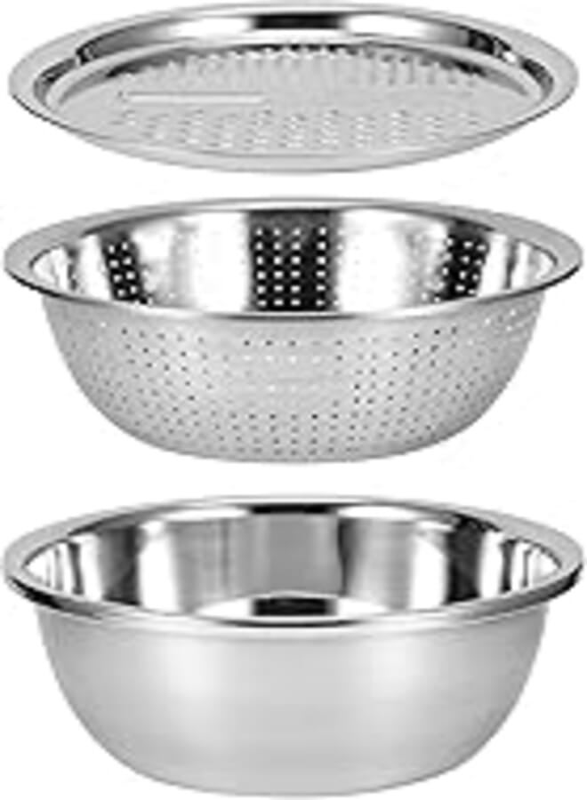 Stainless Steel Rice Washing Bowl,Multi?Function 3 In 1 Colanders Basin,Kitchen Grater Set Bowl Grater Strainer for Rice Salad Maker, Multi?Function 3 In 1 Colanders Basin,Stainless StKitchen Gra