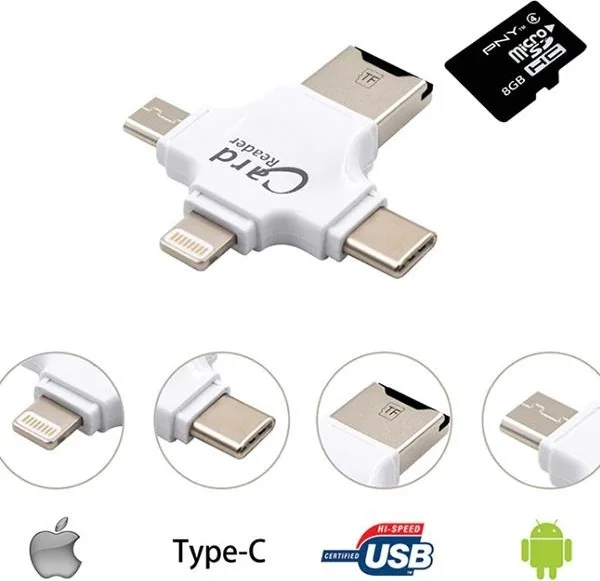 بولهاموبيل Polham 3in1 Micro, Type-C, iPhone Lightning Compatible Micro SD Memory Card Reader, Universal Card Reader
