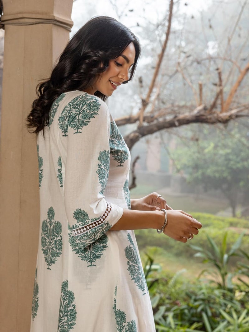 FIORRA Women's White Cotton Flared Kurta Set SET0183 - Image 5