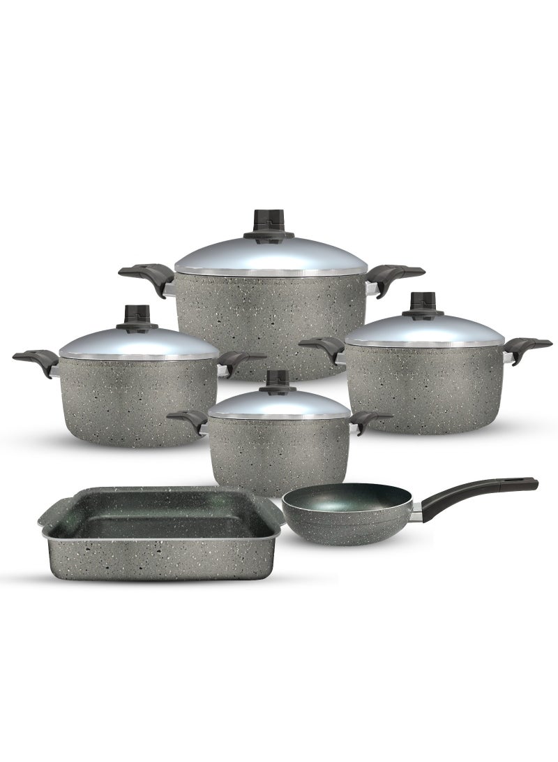 trueval Premium Granite 10-Piece Set (18-20-24-28cm Pot, 26cm Frying Pan, 30cm Tagine ) Stainless Steel Lid