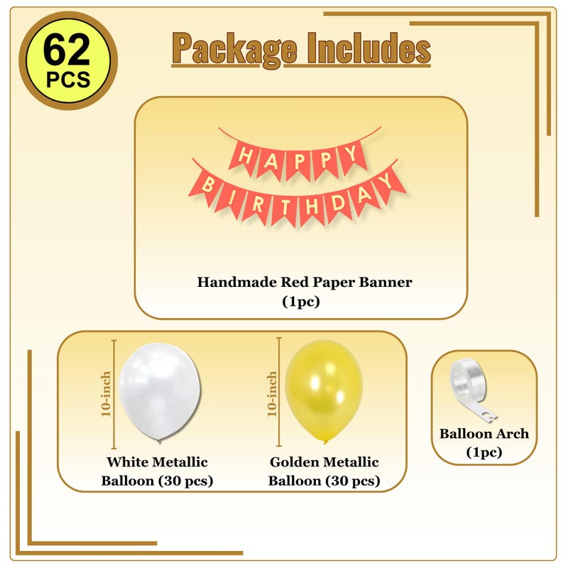 1iAM Happy Birthday Decoration Items | 60pcs Balloons, 1pc Red Banner & 1pc Arch for Husband, Wife, Baby, Boy, Girl, Girlfriend, Boyfriend Birthday Party Decoration (Golden & White | Pack of 62) - Image 2