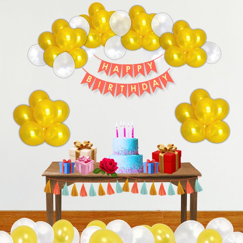 1iAM Happy Birthday Decoration Items | 60pcs Balloons, 1pc Red Banner & 1pc Arch for Husband, Wife, Baby, Boy, Girl, Girlfriend, Boyfriend Birthday Party Decoration (Golden & White | Pack of 62) - Image 1