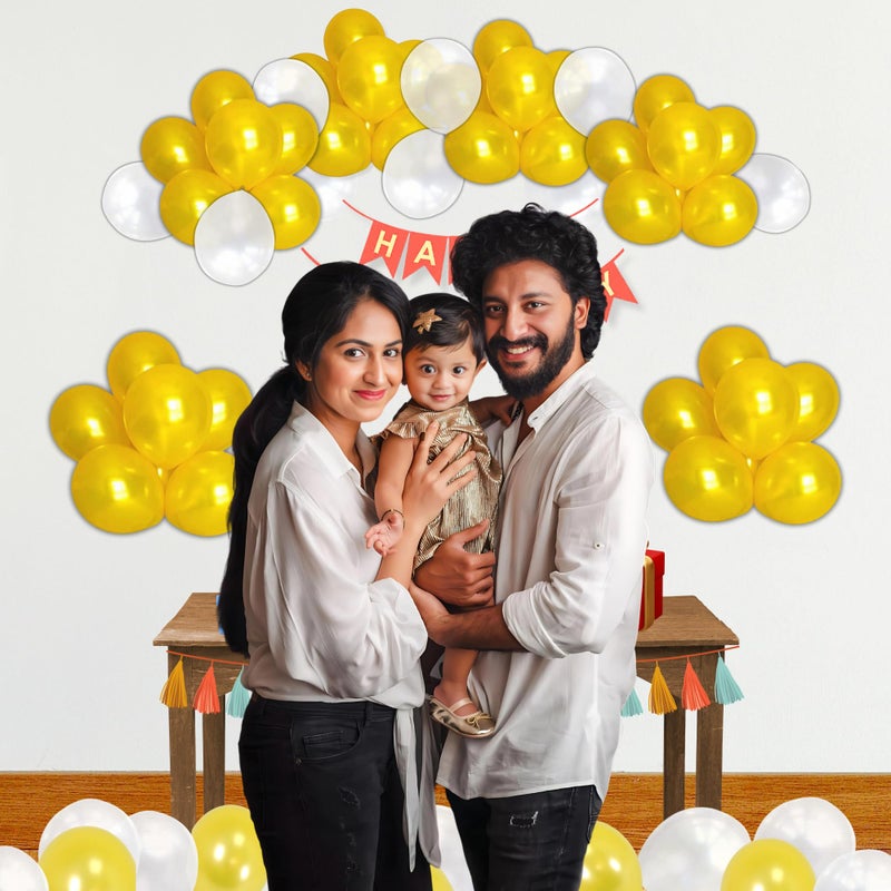 1iAM Happy Birthday Decoration Items | 60pcs Balloons, 1pc Red Banner & 1pc Arch for Husband, Wife, Baby, Boy, Girl, Girlfriend, Boyfriend Birthday Party Decoration (Golden & White | Pack of 62) - Image 3