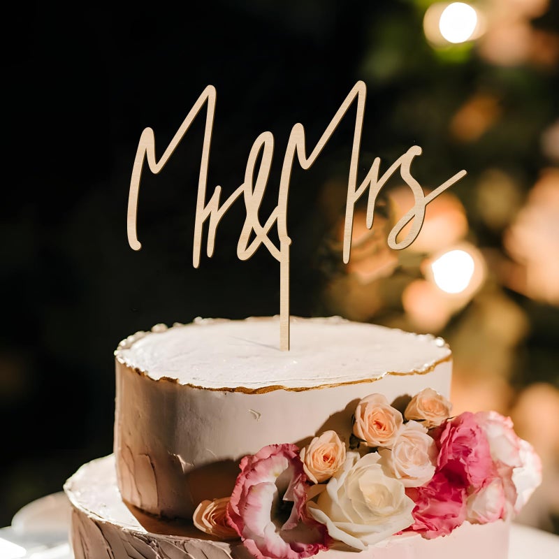 Party to Be Mr & Mrs Wedding Cake Topper in Wood (Design 04) - Image 1