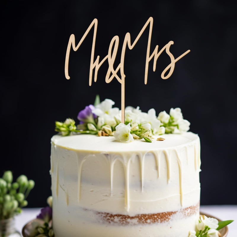Party to Be Mr & Mrs Wedding Cake Topper in Wood (Design 04) - Image 3