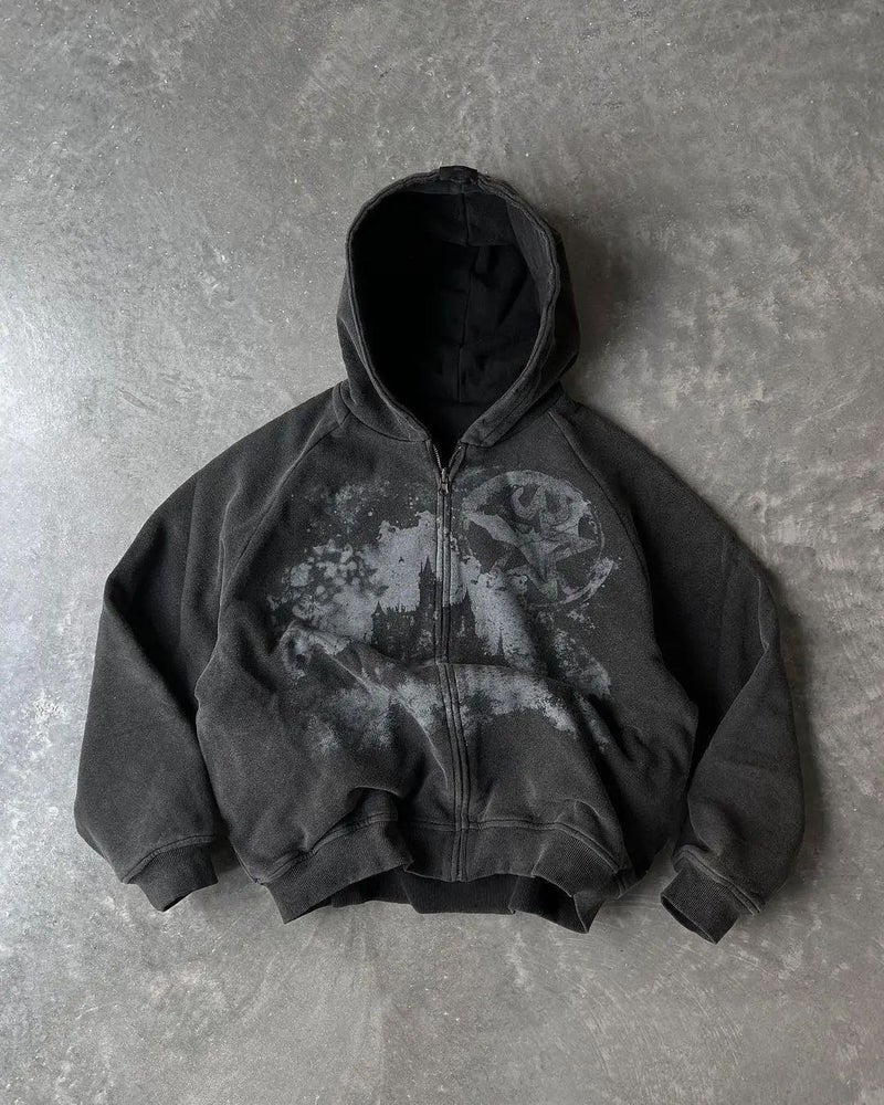 Y2K Skeleton Zipper Hoodie 90 s Vintage Pattern Printed Zipper Top l Sweatshirt Apricot/zipper - Image 1