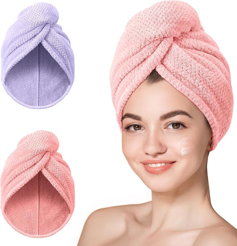 Hicober Microfiber Hair Towel, Super Absorbent Hair Towel Wrap for Women,Fast Drying Hair Wrap Turban for Curly Long All Hair Types Stay Put-2Packs - Image 1