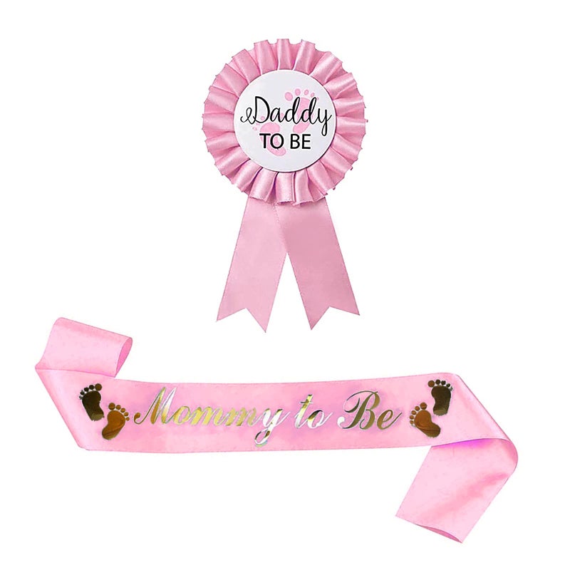 NAOKBOEE 2 Packs Pink Baby Shower Mommy to be Sash and Daddy to Be Badge Baby Shower Baby Gender Reveal Party Supplies Decorations Gift